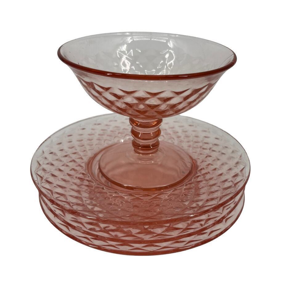 Vintage Imperial Pink Diamond Quilted Depression Glass Plates‎ & Cocktail Glass